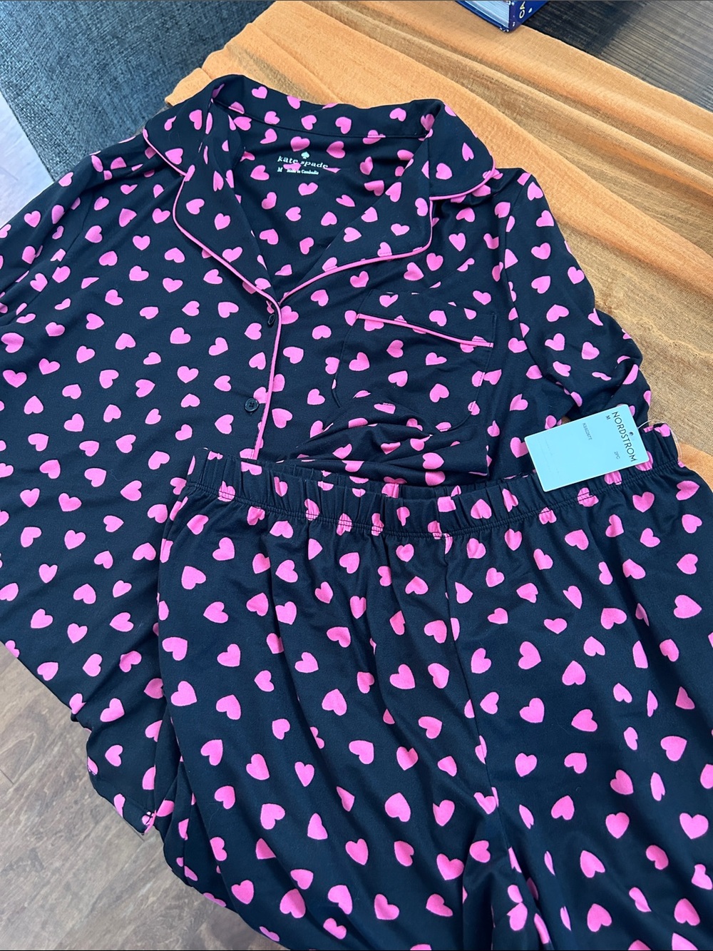 kate spade Black Pajama Set with Pink Heart Print and Pink Piping
